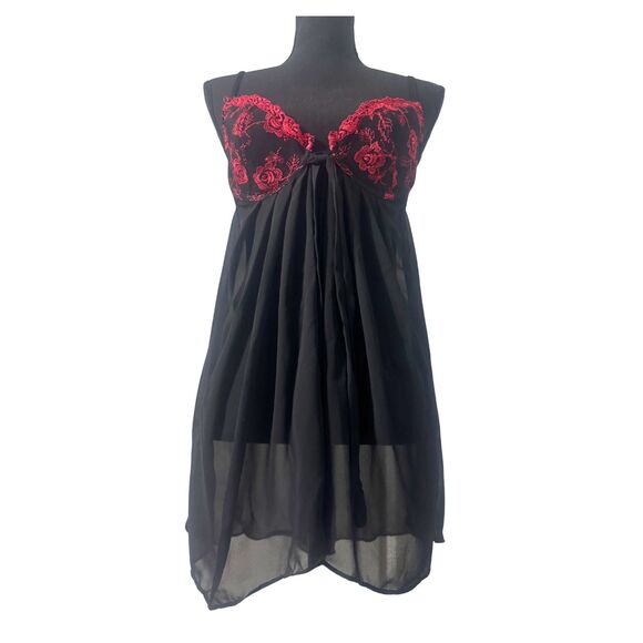 Y2K Vintage M Black & Red Floral Lace Whimsygoth Coquette Babydoll Lingerie Top - Picture 2 of 6